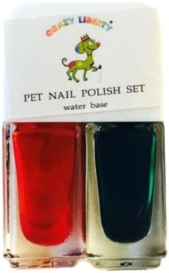 Two bottles of non toxic water based pet nail polish in festive shades for dogs and cats.