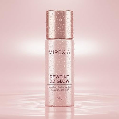 Mirexia DewTint DD Glow hydrating radiance cream texture swatch on an elegant backdrop.