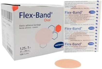 Tan fabric oval shaped sterile bandages showing flexible material and hypoallergenic adhesive.
