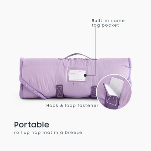 Wake In Cloud premium kids travel slumber mat showing the removable pillow insert and name tag window