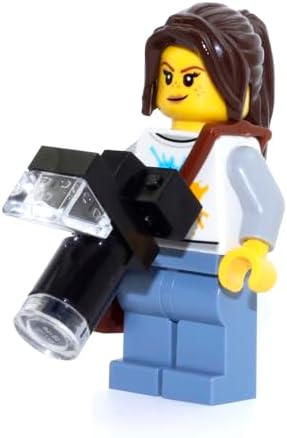 Brick-built long lens camera accessory with clear flash piece held by building toy character