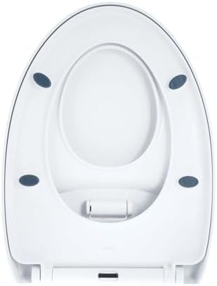 Side angle view of the elongated white plastic toilet seat showing non slip rubber stabilizers