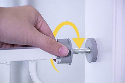 Regalo metal safety barrier showcasing the rubberized tension knobs protecting the wall surface.
