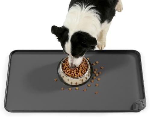 Esthello silicone dog food mat with bowls on floor