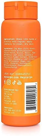 Carpe 75 grams body powder packaging highlighting its aluminum free and vegan properties