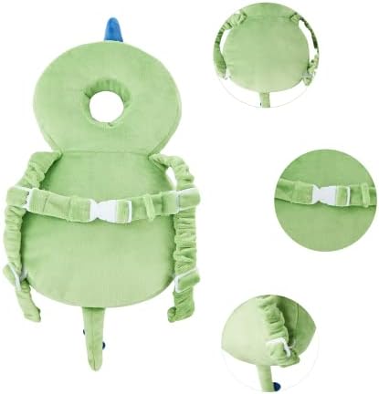 Back view of baby walking with safety cushion backpack