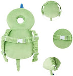 Back view of baby walking with safety cushion backpack