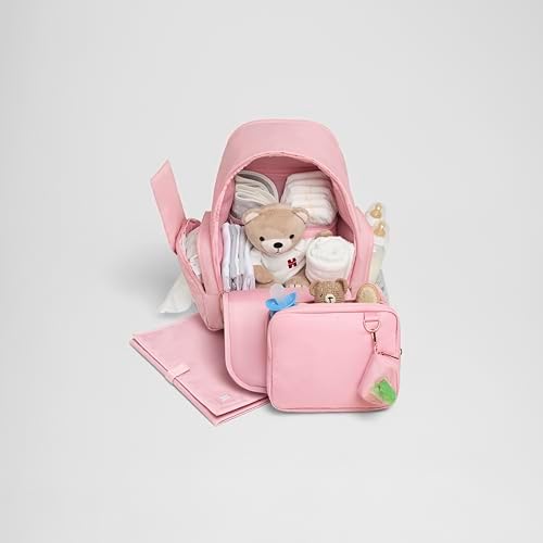 Huggies vegan leather diaper bag interior view highlighting multiple organizer pockets.