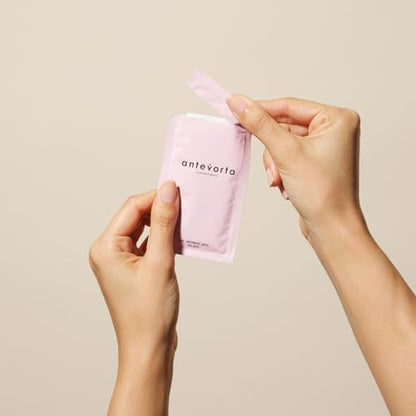 Antevorta feminine hygiene wipes packaging highlighting pH balanced and herb infused features.
