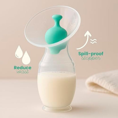 Compact and portable imported silicone breast milk saver packed next to its travel pouch