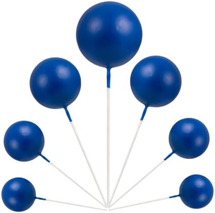 Close up view of various sizes of blue balloon cake picks