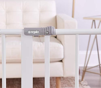 Regalo pressure mounted pet and toddler gate with extension kits attached for hallway fitting.