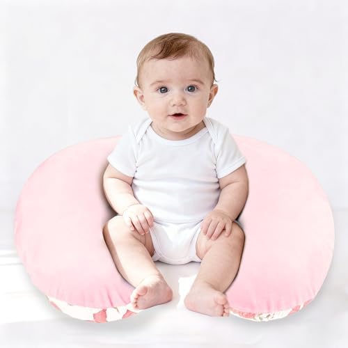 Close up of pink floral pattern on nursing pillow slipcover