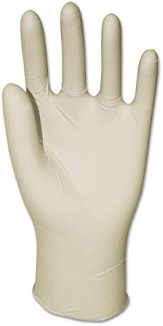 Bulk pack of Boardwalk natural latex disposable gloves showing the self-dispensing box opening.
