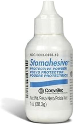 Squeeze bottle of Stomahesive protective hydrocolloid skin powder for moisture absorption.