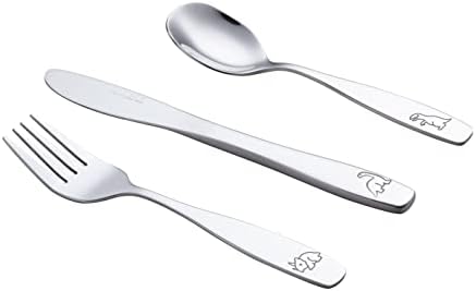 Top view of Exzact dinosaur engraved children spoons and forks