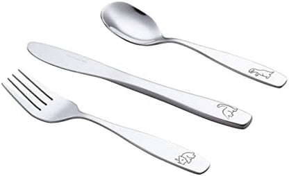 Top view of Exzact dinosaur engraved children spoons and forks