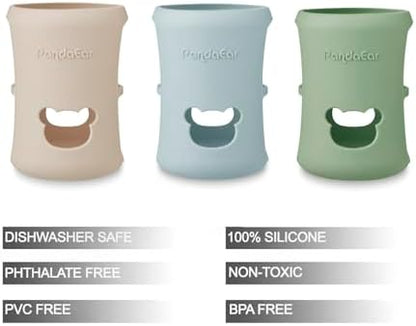 Side profile of PandaEar protective sleeve on 8 ounce glass baby bottle