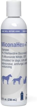 Dechra MiconaHex+Triz antifungal and antibacterial shampoo bottle showing active ingredients.