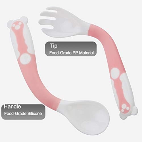 Close up of food grade baby learning utensils showing soft rounded edges for safety