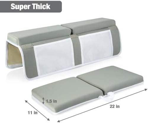 Grey foam cushion toy organizer with large mesh storage pockets holding baby accessories