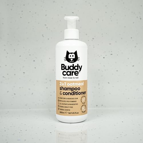 Back label of Buddycare cat shampoo detailing the aloe vera and pro vitamin B5 ingredients.