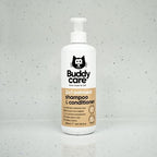 Back label of Buddycare cat shampoo detailing the aloe vera and pro vitamin B5 ingredients.