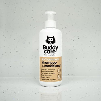Back label of Buddycare cat shampoo detailing the aloe vera and pro vitamin B5 ingredients.