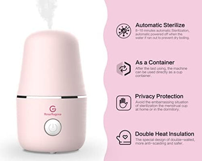 Compact electric menstrual cup wash kit with automatic shut-off button detail.
