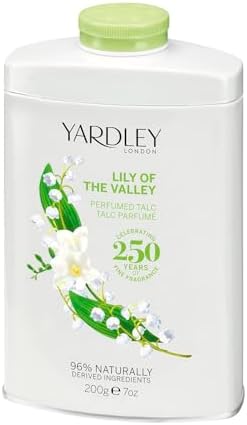 Close up of Yardley London Lily of the Valley branding on luxury talc container.