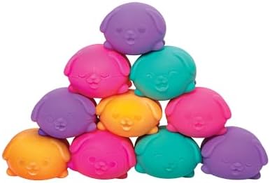 Three mini puppy stress relief fidget balls showcasing various funky facial expressions