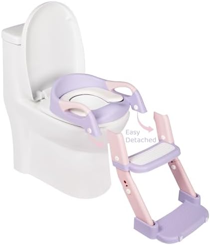 Folded view of the space saving lavender potty training ladder highlighting its compact storage design.