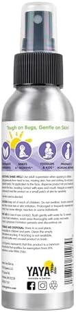 YAYA Organics plant based bug spray packaging showing ingredients and certified organic soybean oil label