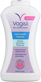Vagisil talc-free intimate powder for moisture absorption and freshness.