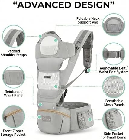 Ergonomic M-position baby carrier with detachable seat