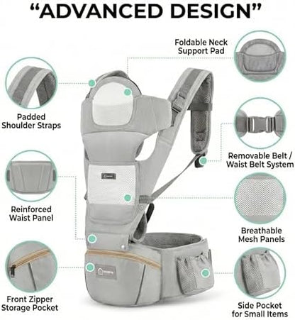 Ergonomic M-position baby carrier with detachable seat