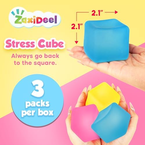 Three colorful ZaxiDeel sensory stress cubes placed neatly on an office desk setting.
