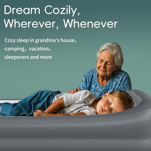 GloTika toddler air bed placed next to a standard hotel bed illustrating its portable size for travel.