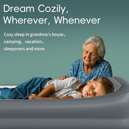 GloTika toddler air bed placed next to a standard hotel bed illustrating its portable size for travel.