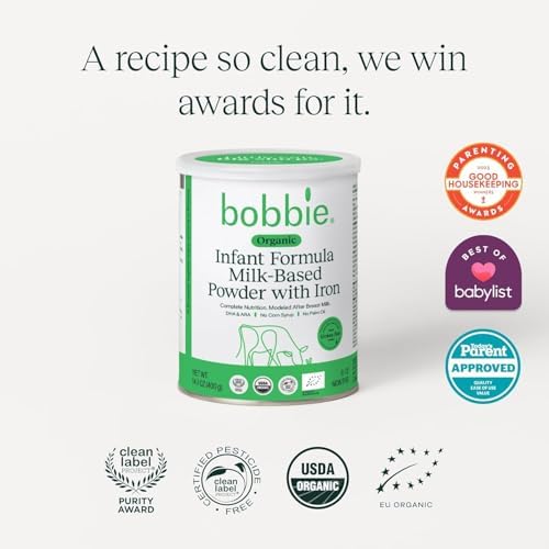 Three containers of Bobbie organic baby milk powder with iron and DHA for newborns.