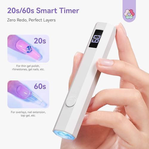 Saviland compact curing light illuminating a fingernail to securely attach rhinestone glue and nail charms.