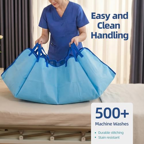 Caregiver using the eight handles on the Huilink patient transfer sheet to reposition an individual