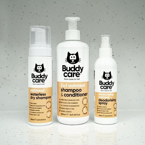 Side angle of Buddycare 16.90 fluid ounce cat shampoo bottle highlighting its deep cleansing formula.