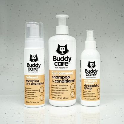 Side angle of Buddycare 16.90 fluid ounce cat shampoo bottle highlighting its deep cleansing formula.