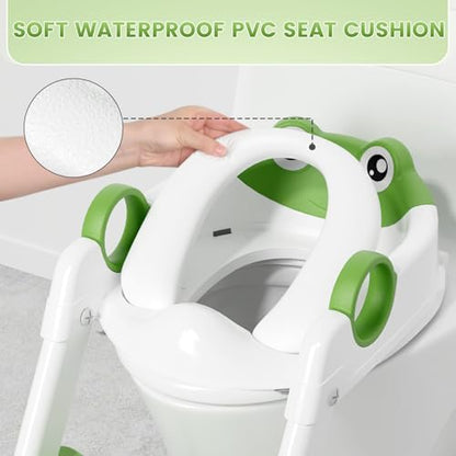Close up view of the waterproof soft Polyvinyl Chloride cushion on the green frog potty seat.
