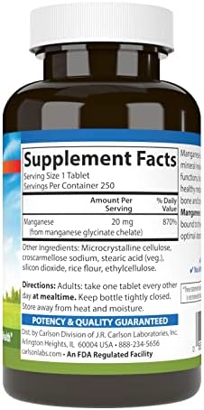 Carlson Chelated Manganese supplement bottle label