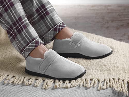 Black fleece lined house slippers for men designed for diabetic foot edema.