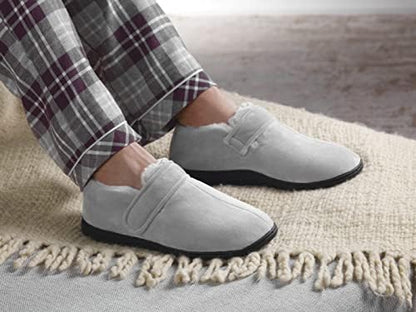 Black fleece lined house slippers for men designed for diabetic foot edema.