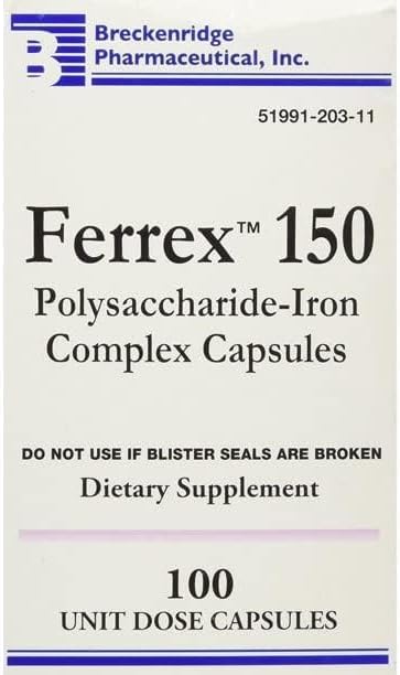 Breckenridge Ferrex 150 non blister loose capsule bottle displaying nutritional facts and dosage instructions