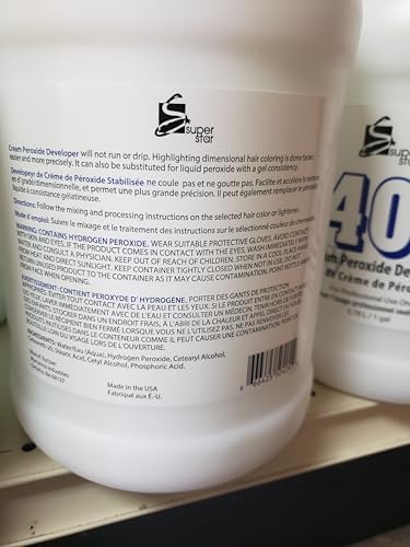 Close up of Super Star 40 Volume Cream Developer 1 Gallon bottle packaging